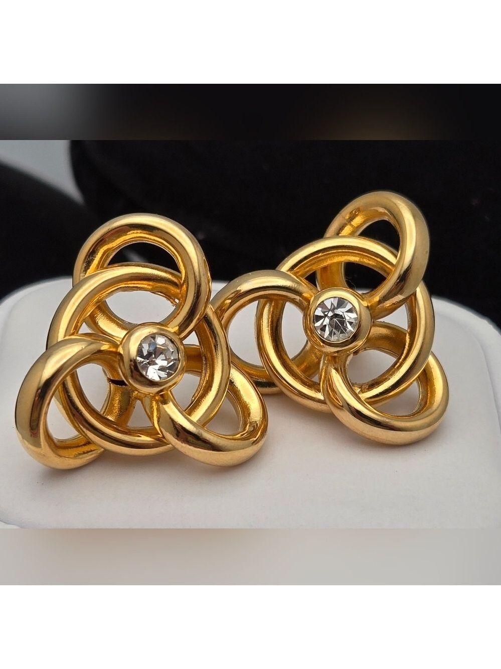Gold-Tone Knot Stud Earrings w/ Crystal Center 1” Classic Statement
